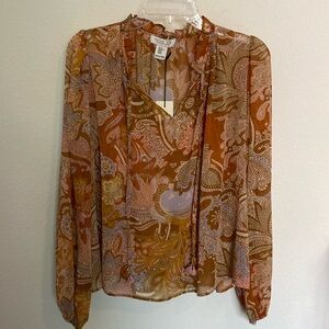 Rachel Zoe top, boho paisley, long sleeved,  sheer, fall, NWT, size XS